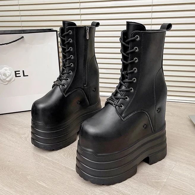 코스프레 마틴 부츠 20cm 두꺼운 밑창 플랫폼 신발 소형 사이즈 만화 쇼 웨딩 콘서트 청키 슈즈 라운드 토, 01 36-37, 04 블랙 [키 20CM 증가]