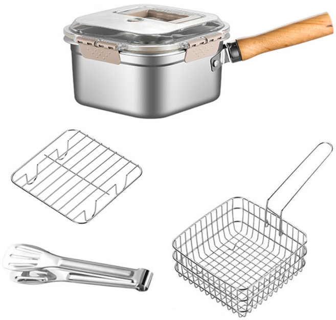 SMABAT 다용도 스텐 튀김냄비 인덕션 멀티팟 보관냄비 스테인리스 밀폐용기 편수냄비 6종세트 튀김바스켓 집게 포함, 1개, 화이트, 20.5cm