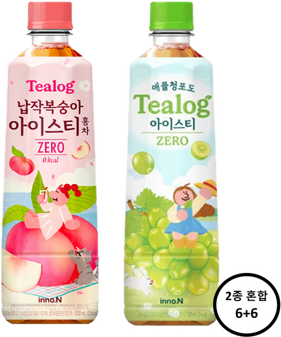 티로그 아이스티 500ml(납작복숭아홍차 6개+애플청포도 6개)12개, 500ml