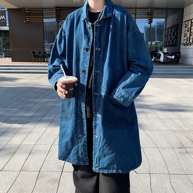日系復古水洗牛仔風衣男寬鬆中長款外套春秋新款潮牌痞帥休閒夾克