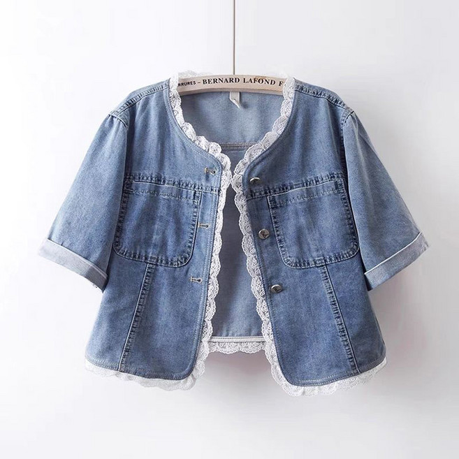 POMTOR 여성 반팔 청자켓 봄여름 노카라 데님 가디건 예쁜 레이스 점퍼