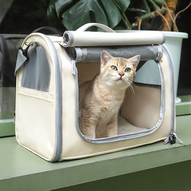 ZOZOFO 고양이 이동장 강아지 이동가방 반려동물 이동가방 삼면통풍 이동가방+이너쿠션, 1개, 크림색-[44*28*35cm]
