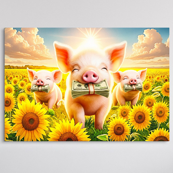 [인메이블] 돈들어오는 해바라기 밭 부자 아기돼지 5종 그림 풍수 개업 선물 인테리어 그림 캔버스 액자 거실 현관 복도 인테리어 재물운 벽 인테리어, 03.해바라기 밭 부자 아기돼지 3총사