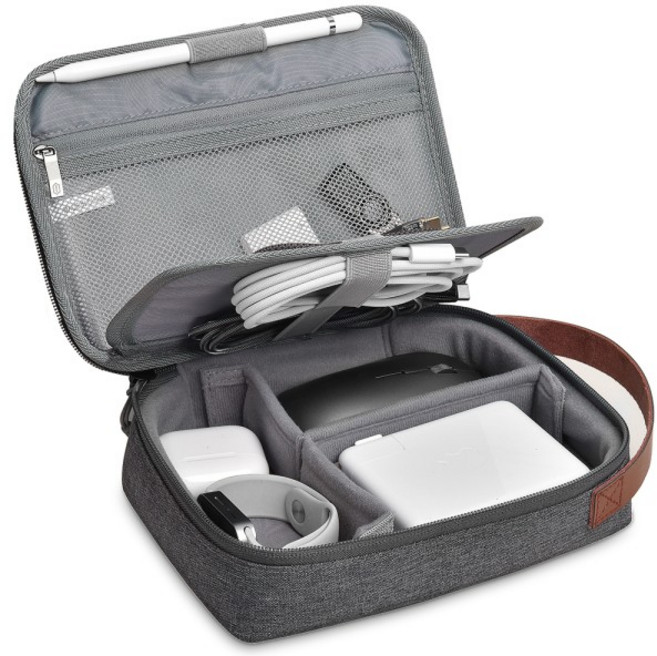 WiWU 여행용 전자 정리함 케이스 맥북 전원 어댑터 충전기 보조배터리 테크 파우치 가죽 손잡이 휴대용, 01 Gray