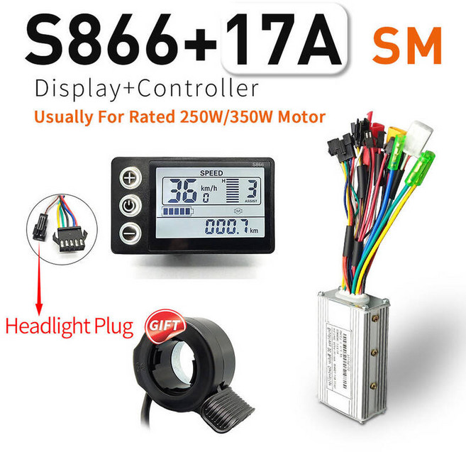 전동킥보드 컨트롤러 부품 Ebike 사인파 17A 26A 30A 학습 기능이 있는 3모드 24V/36V/48V S866 LCD 컬러 디스플레이 350W1000W 모터, 1개