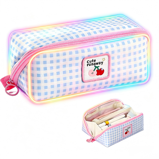 SC FMCG 컬러풀 지퍼개방형 대용량 필통 수납 패브릭 펜파우치, 1개, 하늘색