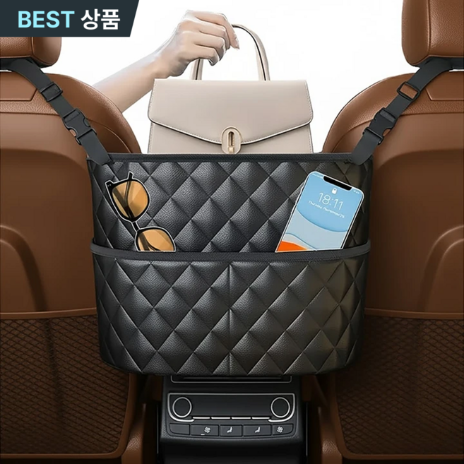 스토렐라 차량 뒷자석수납함 가죽 시트백 바스켓 뒷자리 정리, 블랙, 1개