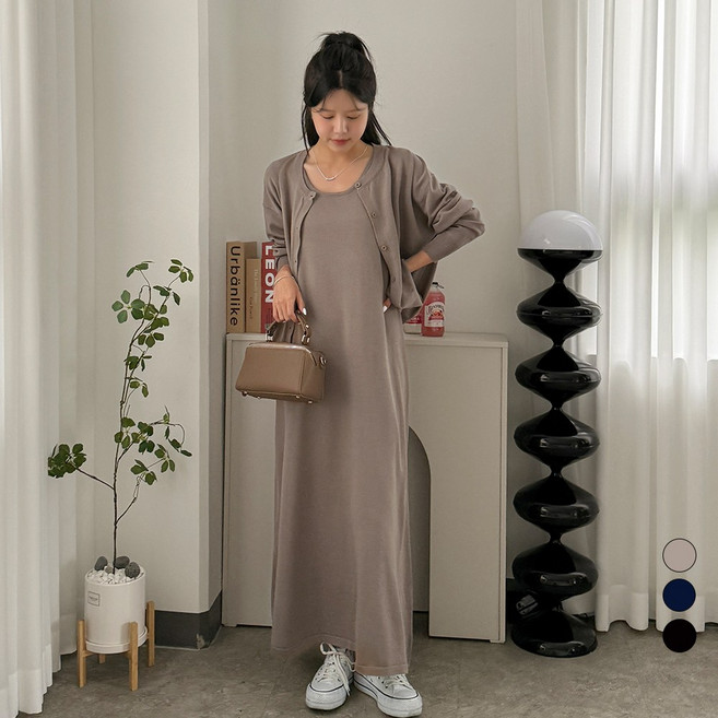 디테일웨어 여성 니트 긴팔 가디건 원피스 세트 빅사이즈 오버핏 민소매 A라인 롱원피스 비스코스 원단 투피스 임부복 젊줌마룩