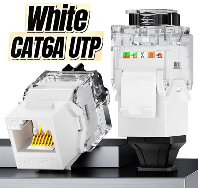 AMPCOM CAT6A UTP RJ45 키스톤 잭 도구 필요 없는 50u 금도금 모듈 커넥터 이더넷 벽 잭 조정 가능한 래칫 잠금 장치, [03] CAT6A UTP WT, 1개