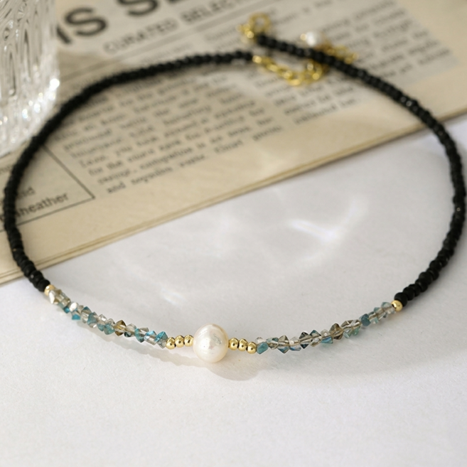 담수 진주 목걸이 레이어드 슬림 체인 컷팅 원석 포인트 by 모리에