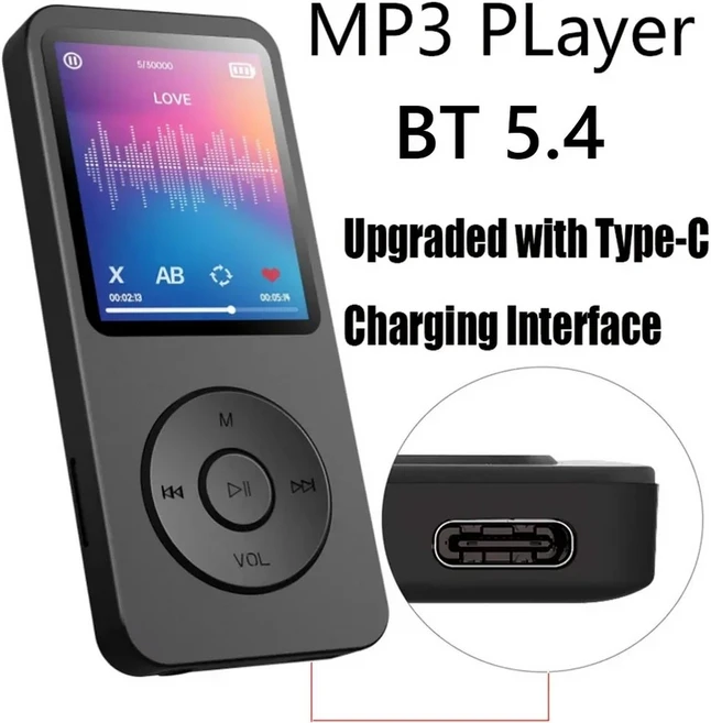 휴대용 MP3 플레이어 C타입 워크맨 블루투스 5.4 호환 전자책 녹음 스포츠 FM 라디오 음악 플레이어 1.8 인치 2024 신제품, black no card - 쿠팡