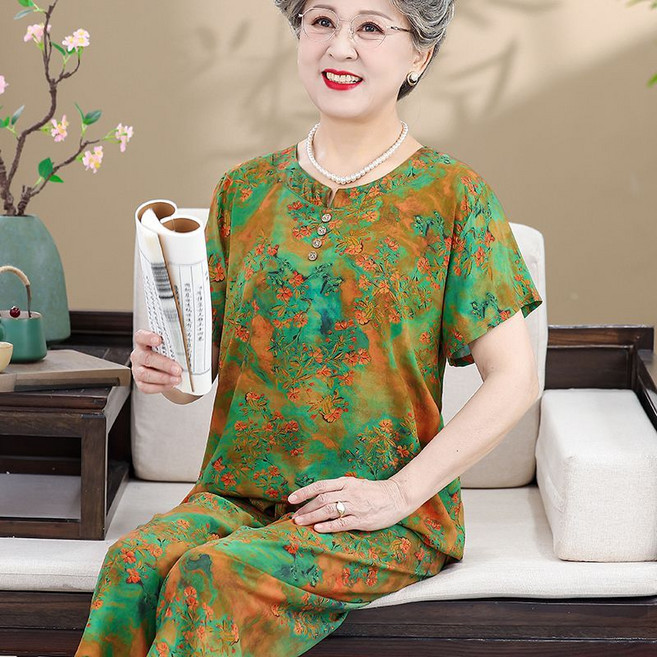 중년 여성 잠옷 세트 여름 할머니 인견 홈웨어 반팔티 얇은 바지 세트 여자 실내복 상하복 CJJ