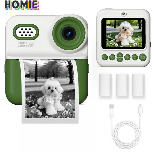 HOMIE 디지털카메라 4800만 화소 카메라 1080P 동영상 영수증사진기 6롤인쇄지 32GB, 초록색
