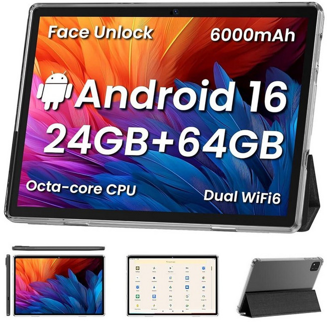COLORROOM Android16 태블릿 10인치 태블릿 옥타 코어 CPU 24GB+64GB+512GB 확장 6000mAh 배터리+18W 고속 충전 듀얼 Wi-Fi, A30 블랙