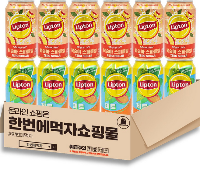 [한번에먹자] 아이스티 뚱캔 혼합세트 / 립톤 복숭아 스파클링 제로 + 립톤 제로 복숭아 / 각6개씩 총12캔, 12개, 355ml