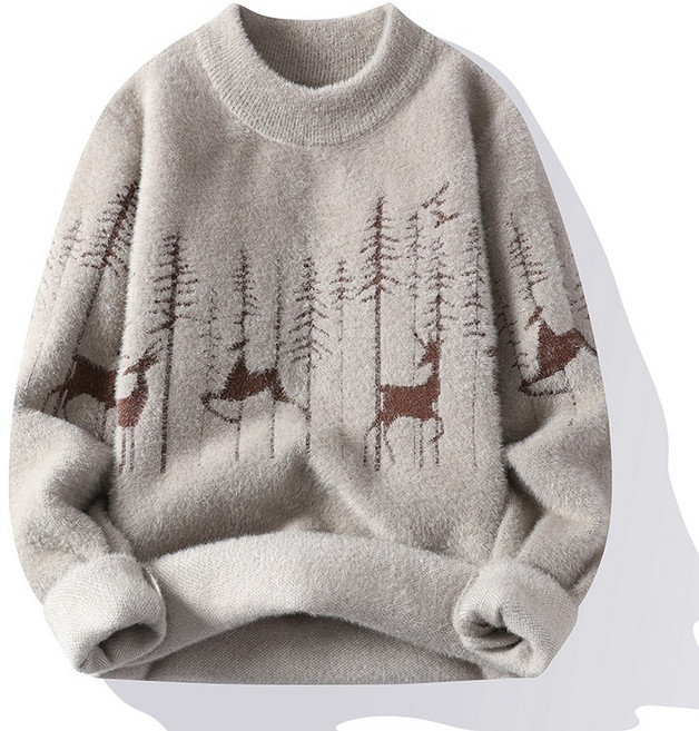 POMTOR 겨울 남성용 니트 스웨터 기모 라운드넥