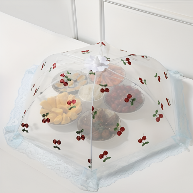 쿠코아 가정용 다기능 체리 디자인 접이식 반찬 덮개 모기 먼지 방지 메쉬 식탁 커버, 1개, 화이트 메쉬