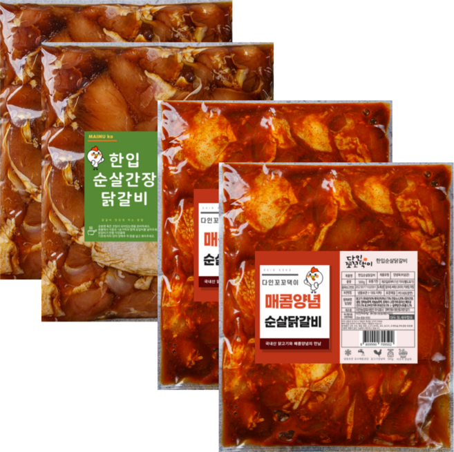다인꼬꼬댁이 춘천식 수제 양념 닭갈비, /행사/(양념순살500gx2)+(간장순살500gx2), 4개, 500g