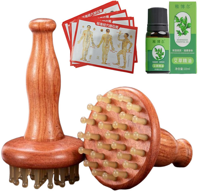 隔日達 經絡刷 刮痧板 29齒按摩梳 揉腹 腿部背部全身按摩, 【手柄款】經絡刷牛筋梳*1個,贈艾草精油+穴位圖紙+精美包裝, 1個