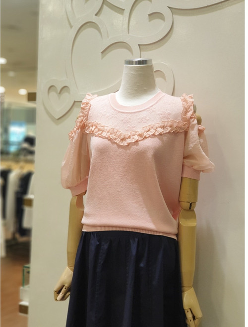 샤틴 프릴 포인트 시스루 배색 니트