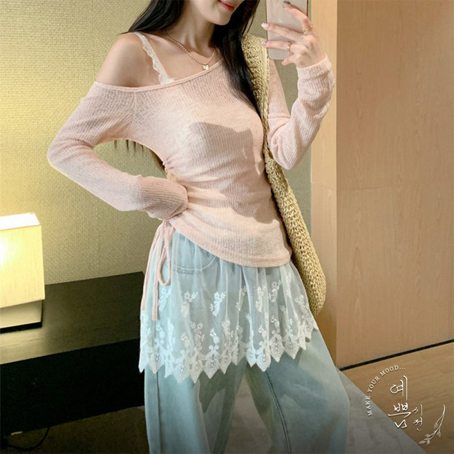 예쁨시전 [투피스] 시스루 레이스 롱 나시 레이어드 스트랩 니트 세트