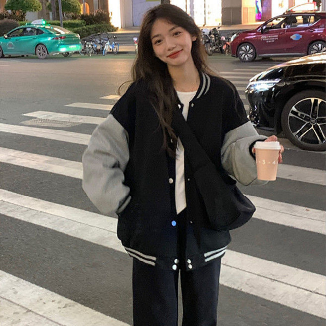 美式復古加絨加厚棒球外套 女學生秋冬學院風