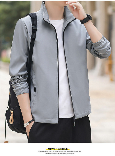 男生防風立領夾克外套 秋季新款棒球外套 多色可選 淺灰 3XL