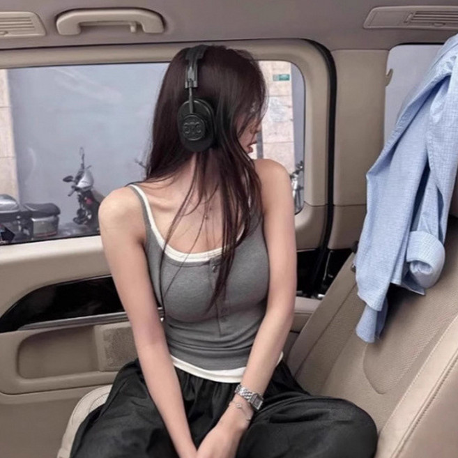 히또리 T4984 캐주얼 빈티지 레이어트 배색 민소매 나시티