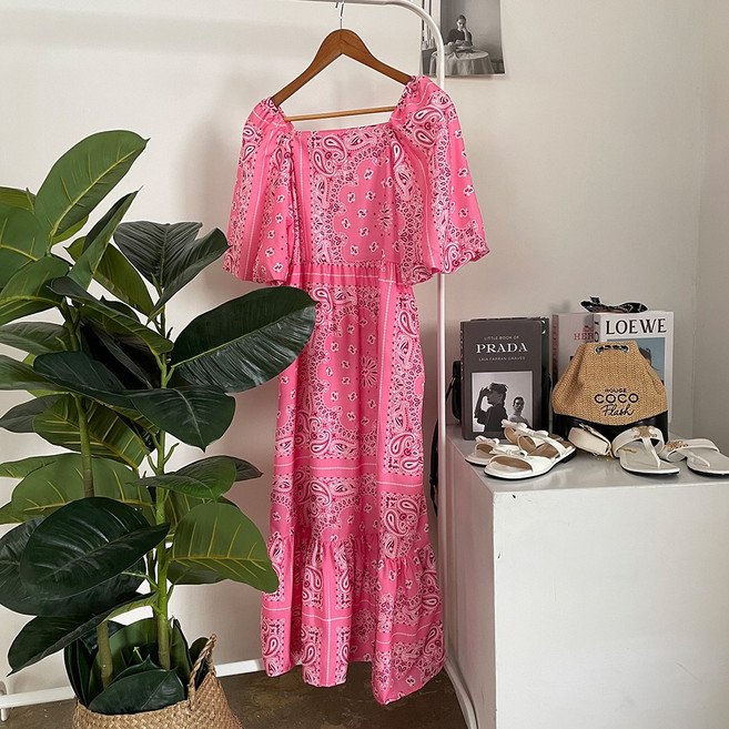 [비비애르] 페이즐리 퍼프 스퀘어넥 오프숄더 원피스 반다나 여름 데일리 휴가ops