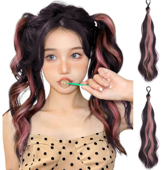 가발위드 긴머리 웨이브 고무줄 로지팝 트윈 양갈래 포니테일, 1개, 초콜릿브라운