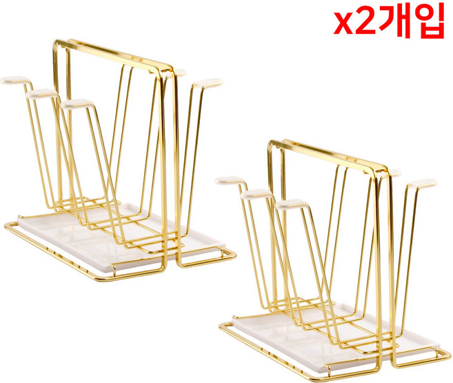 6구 컵걸이 컵건조대 2개입 세트 실리콘 물받침대 포함 주방 컵꽂이, 2개, 골드