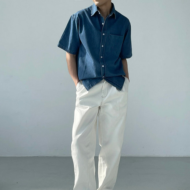 ANYOU 남성 반팔 데님셔츠 루즈핏 캐주얼 데일리 티셔츠
