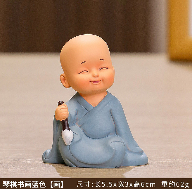 慧能和尚迷你小擺件 新中式禪意小沙彌茶臺裝飾品 居家辦公桌面招財擺飾, 升級款藍色【畫】