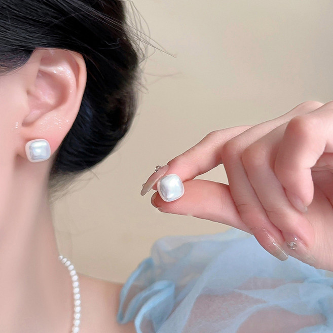 925실버핀 프리미엄 컬러 라운드스퀘어 사각 큐브 쿠션쉐입 5컬러 심플 볼드 진주귀걸이