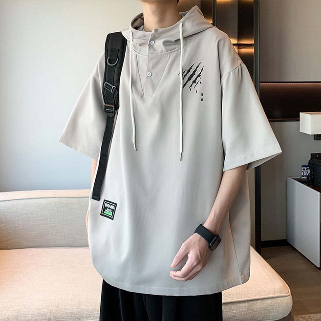 TKX 남성용 여름 오버핏 후드 반팔 티셔츠 심플 베이직 디자인 캐주얼 빅사이즈