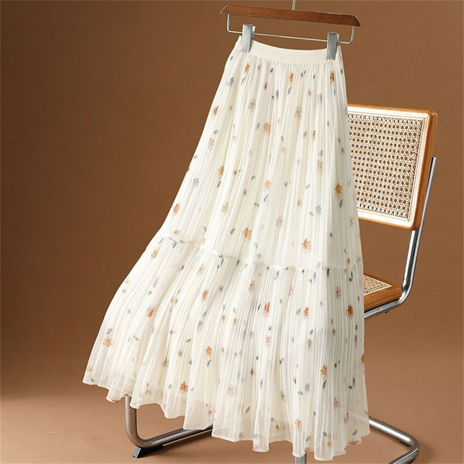 TKX 여성용 플로럴 레이어드 플리츠 롱 스커트 봄 여름 데일리 하이웨이스트 A라인