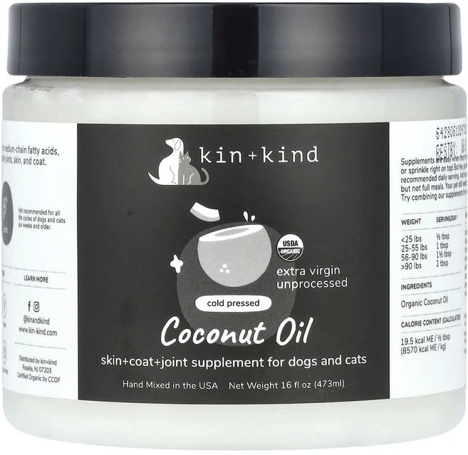 Kin+Kind 냉압착 코코넛오일 강아지 및 고양이용 473ml(16fl oz) Kin+Kind (킨+카인드), 1개 - 쿠팡