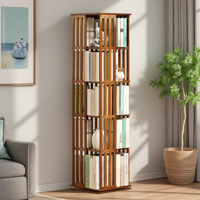 원목 360도 회전 책장 (아이방/사무실/거실) 다기능 수납장, 5단, 브라운