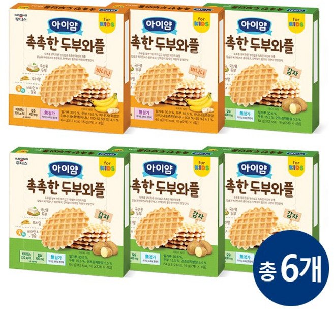 일동후디스 아이얌 촉촉한 두부와플 바나나맛 감자맛 6개 혼합, 1세트, 64g, 바나나맛2 + 감자맛4