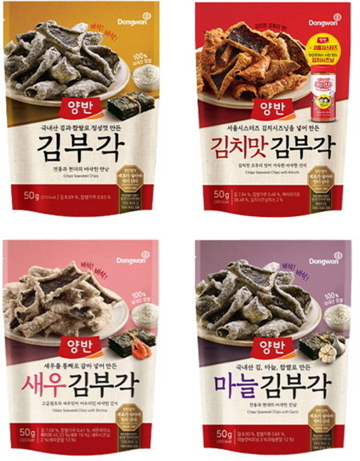 동원 양반 김부각 4종 50g (마늘+찹쌀+새우+김치맛) 1세트, 4개