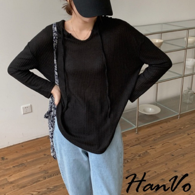 HanVo 小格織紋薄針織連帽上衣