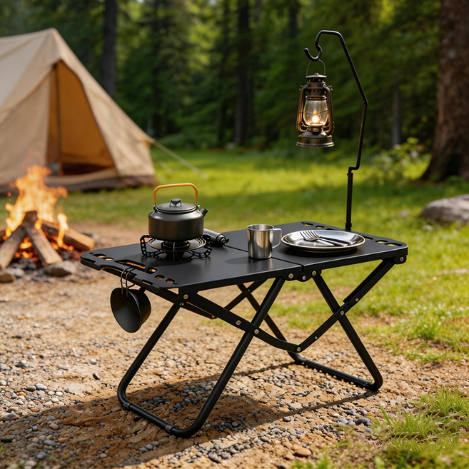 콜콜러브 아웃도어 접이식 캠핑 테이블 낚시 피크닉 가정용 미니테이블 + 조명스탠드 + 수납가방, 블랙