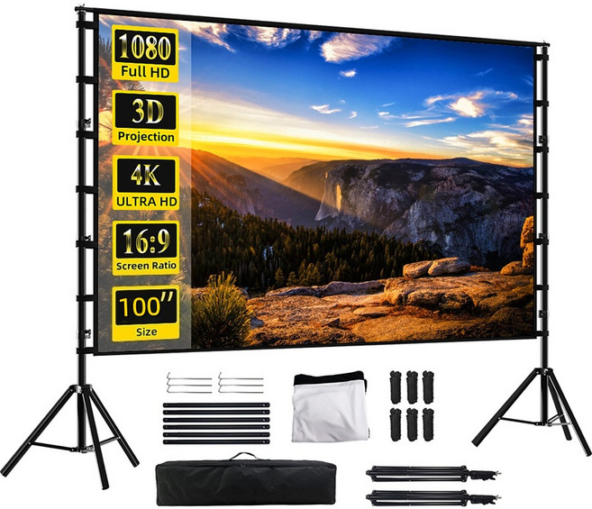 4K 프로젝터 빔스크린 스탠드 삼각대 이동형 휴대용 빔스크린 가정용 캠핑용 스크린, 100인치