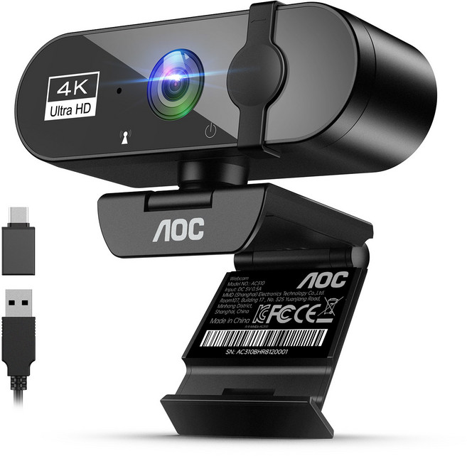 AOC 4K UHD 웹캠 노이즈캔슬링 마이크 내장 PC 화상회의 방송용, 블랙, AC310