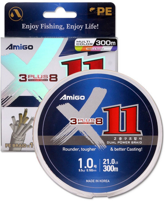 아미고 X11 듀얼 파워합사 300M 2중구조 11합사 멀티컬러입고 에깅 쇼어 러버지깅, 1개