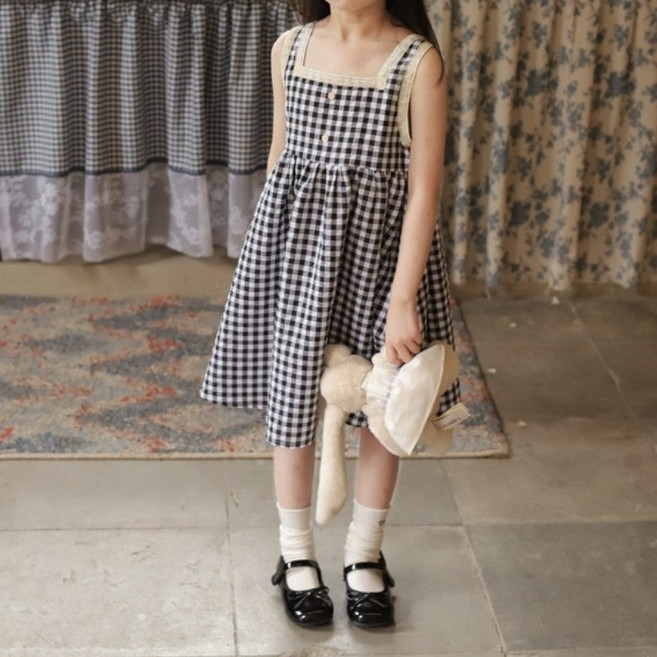 구빠방 아동 체크 리본 민소매 원피스