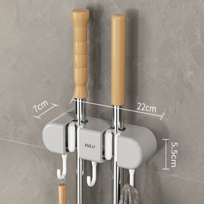 컴윗미 무타공 부착식 청소도구 다용도 걸이, 1개, 그레이, 2구