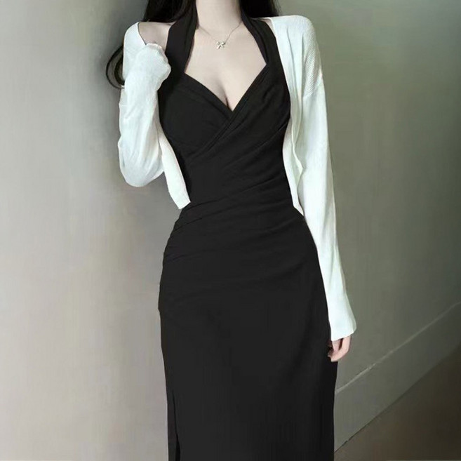 cammello 청순핏 백리스 홀터넥 옆트임 미디원피스 슬림핏 나시 원피스