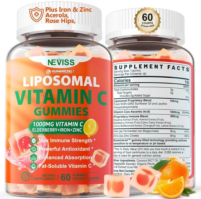 리포솜 비타민 C 1000mg 구미 - 철분 아연 및 엘더베리 8mg 함유 츄어블 1500mg 면역 지원 부스터 보충제 에너지 콜라겐 부스터 무설탕 1팩, 1개, 1g - 쿠팡