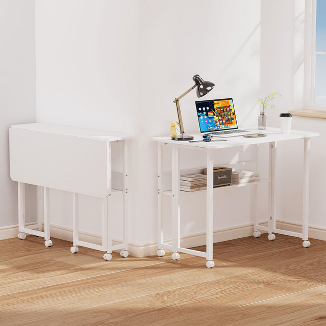 Fahomiss 접이식 책상 공간 활용 이동식 사무용 책상 폴딩 테이블, 선반형